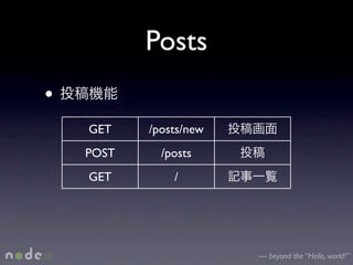 Posts
•
    GET    /posts/new
    POST     /posts
    GET        /




                        — beyond the “Hello, world!”
 