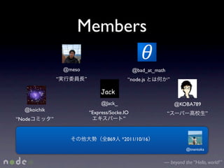 Members

                      @meso                           @bad_at_math
                  “           ”                   “node.js           ”



                                       @Jack_                            @KOBA789
   @koichik
                                  “Express/Socke.IO                  “                  ”
“Node         ”                                  ”


                                         869    *2011/10/16
                                                                            @tnantoka


                                                                 — beyond the “Hello, world!”
 