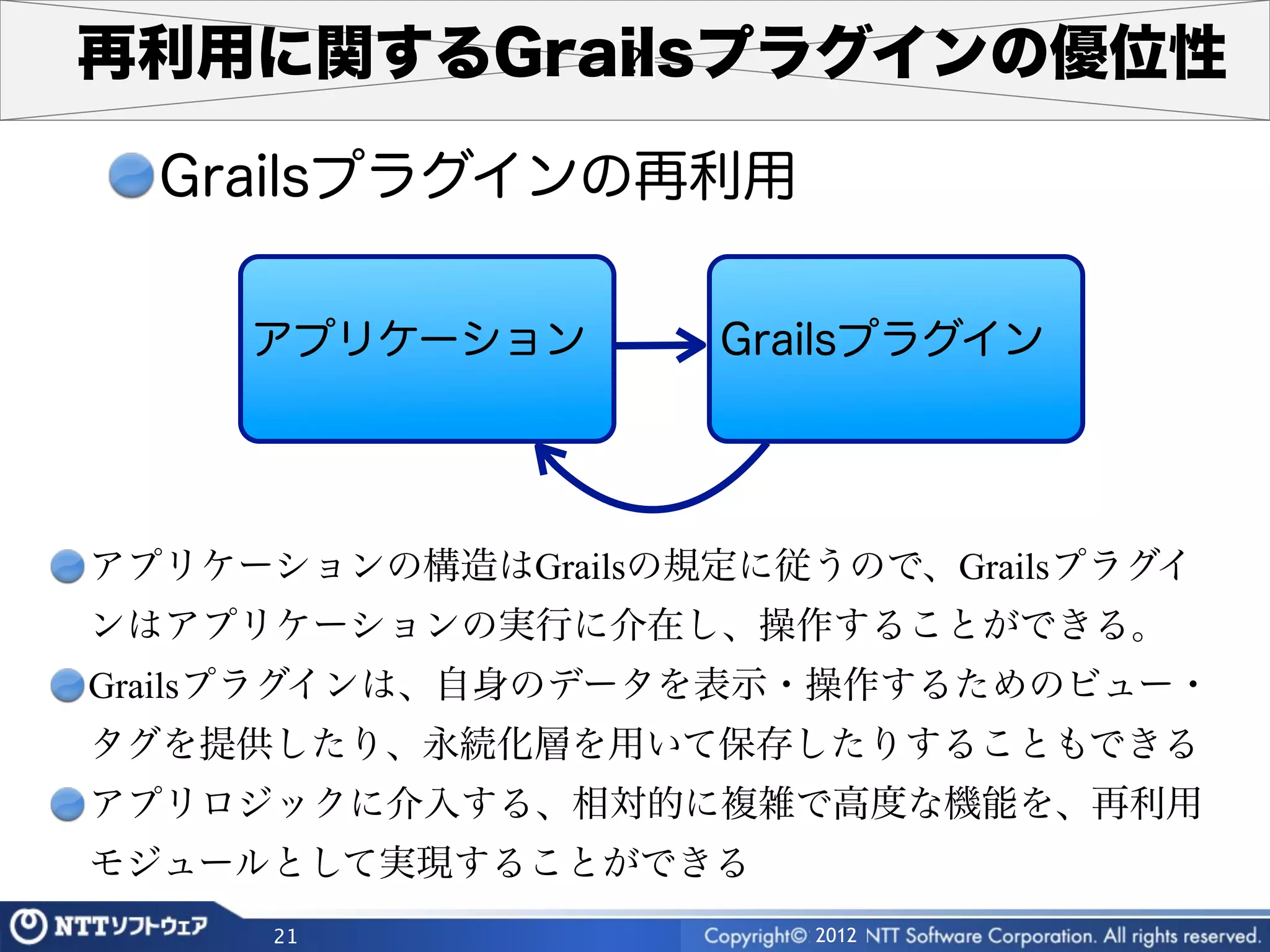 再利用に関するGrailsプラグインの優位性

  Grailsプラグインの再利用

     アプリケーション        Grailsプラグイン




アプリケーションの構造はGrailsの規定に従うので、Grailsプラグイ
ンはアプリケーションの実行に介在し、操作することができる。
Grailsプラグインは、自身のデータを表示・操作するためのビュー・
タグを提供したり、永続化層を用いて保存したりすることもできる
アプリロジックに介入する、相対的に複雑で高度な機能を、再利用
モジュールとして実現することができる
      21                2012
 