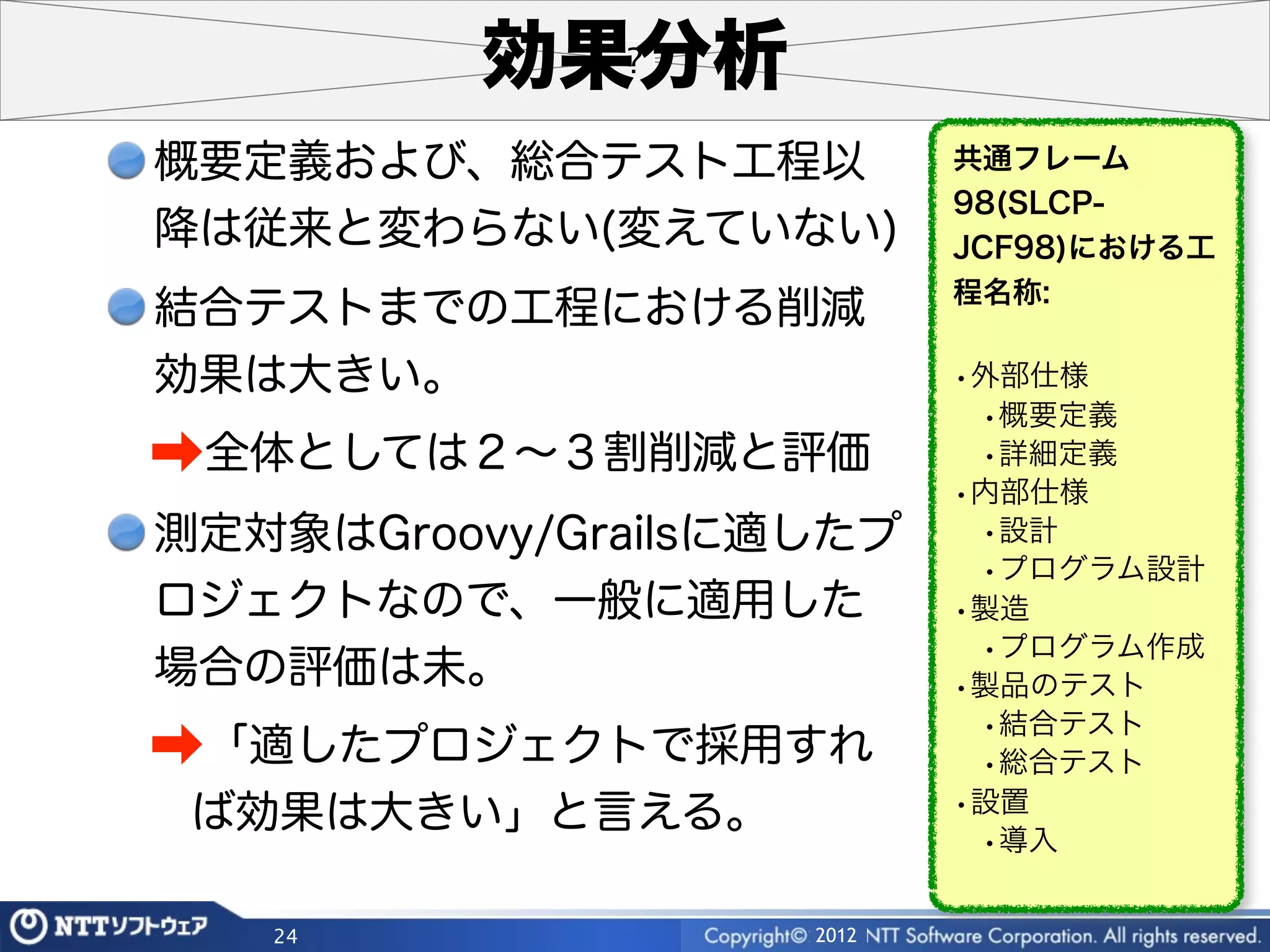 効果分析
概要定義および、総合テスト工程以           共通フレーム
                           98(SLCP-
降は従来と変わらない(変えていない)         JCF98)における工
                           程名称:
結合テストまでの工程における削減
効果は大きい。                    •外部仕様
                            •概要定義
➡全体としては２∼３割削減と評価            •詳細定義
                           •内部仕様
測定対象はGroovy/Grailsに適したプ     •設計
                            •プログラム設計
ロジェクトなので、一般に適用した           •製造
                            •プログラム作成
場合の評価は未。                   •製品のテスト
                            •結合テスト
➡「適したプロジェクトで採用すれ            •総合テスト
 ば効果は大きい」と言える。             •設置
                            •導入

   24               2012
 