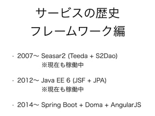 サービスの歴史
フレームワーク編
• 2007∼ Seasar2 (Teeda + S2Dao) 
※現在も稼働中
• 2012∼ Java EE 6 (JSF + JPA) 
※現在も稼働中
• 2014∼ Spring Boot + Doma + AngularJS
 