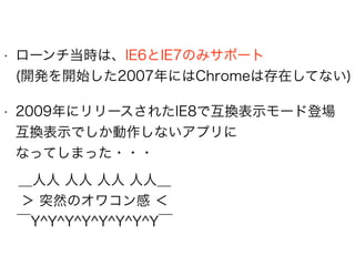 • ローンチ当時は、IE6とIE7のみサポート 
(開発を開始した2007年にはChromeは存在してない)
• 2009年にリリースされたIE8で互換表示モード登場 
互換表示でしか動作しないアプリに 
なってしまった・・・
＿人人 人人 人人 人人＿
＞ 突然のオワコン感 ＜
￣Y^Y^Y^Y^Y^Y^Y^Y￣
 