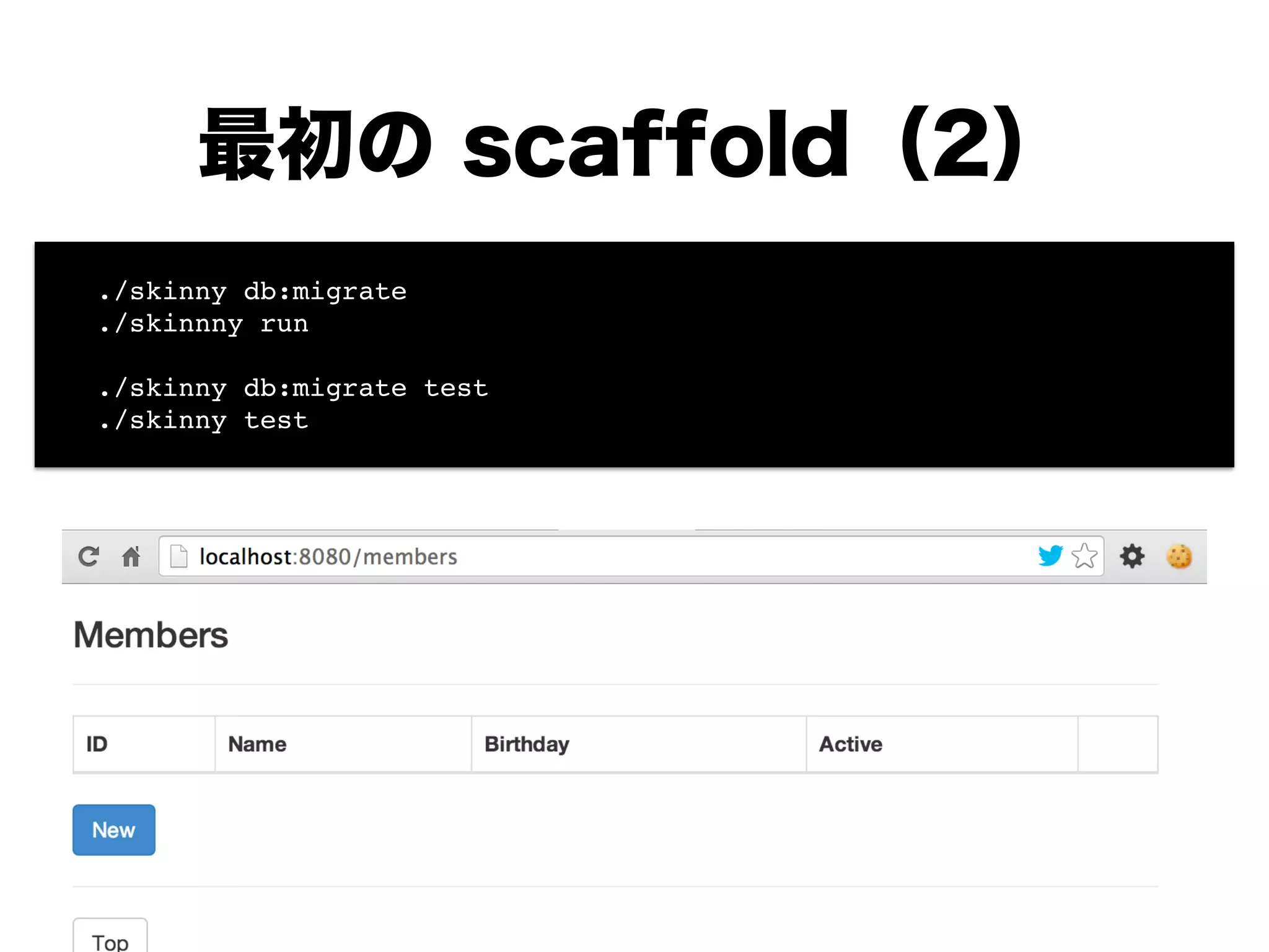 最初の scaffold（2）
! ./skinny db:migrate !
! ./skinnny run!
!
! ./skinny db:migrate test!
! ./skinny test
 