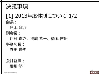 Japan Java User Group
決議事項
[1] 2013年度体制について 1/2
会長：
鈴木 雄介
副会長：
河村 嘉之、櫻庭 祐一、橋本 吉治
事務局長：
寺田 佳央
会計監事：
細川 努
16
 