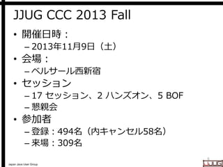 Japan Java User Group
JJUG CCC 2013 Fall
• 開催日時：
– 2013年11月9日（土）
• 会場：
– ベルサール西新宿
• セッション
– 17 セッション、2 ハンズオン、5 BOF
– 懇親会
• 参加者
– 登録：494名（内キャンセル58名）
– 来場：309名
6
 