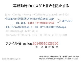 java -Xms4g &ndash;Xmx4g &ndash;XX:MaxMetaspaceSize=512m
-Xloggc:${WILDFLY}/standalone/log/
gc.log.`date +%Y%m%d%H%M%S`
-XX:+PrintGCDetails -XX:+PrintGCDateStamps
-XX:+UseGCLogFileRotation
-XX:NumberOfGCLogFiles=5 -XX:GCLogFileSize=10M	
再起動時のGCログ上書きを防止する	
【JJUG	
 &nbsp;CCC	
 &nbsp;2014	
 &nbsp;Spring	
 &nbsp;H-&shy;‐2】	
改行しない	
ファイル名:	
 &nbsp;gc.log.20140510123200	
参考:	
 &nbsp;nekopの日記	
 &nbsp;GCログを上書きしないためのTips	
 &nbsp;
hjp://d.hatena.ne.jp/nekop/20111017/1318812320	
	
 &nbsp;	
 &nbsp;	
 &nbsp;年 月 日 時 分 秒	
 