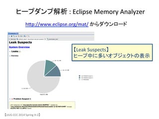 ヒープダンプ解析	
 &nbsp;:	
 &nbsp;Eclipse	
 &nbsp;Memory	
 &nbsp;Analyzer	
【JJUG	
 &nbsp;CCC	
 &nbsp;2014	
 &nbsp;Spring	
 &nbsp;H-&shy;‐2】	
hjp://www.eclipse.org/mat/	
 &nbsp;からダウンロード	
【Leak	
 &nbsp;Suspects】	
 &nbsp;
ヒープ中に多いオブジェクトの表示	
 &nbsp;
 