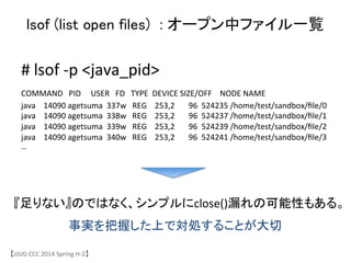 lsof (list open files) : オープン中ファイル一覧	
#	
 &nbsp;lsof	
 &nbsp;-&shy;‐p	
 &nbsp;<java_pid>	
 &nbsp;
COMMAND	
 &nbsp;	
 &nbsp;	
 &nbsp;PID	
 &nbsp;	
 &nbsp;	
 &nbsp;	
 &nbsp;	
 &nbsp;USER	
 &nbsp;	
 &nbsp;	
 &nbsp;FD	
 &nbsp;	
 &nbsp;	
 &nbsp;TYPE	
 &nbsp;	
 &nbsp;DEVICE	
 &nbsp;SIZE/OFF	
 &nbsp;	
 &nbsp;	
 &nbsp;	
 &nbsp;NODE	
 &nbsp;NAME	
 &nbsp;
java	
 &nbsp;	
 &nbsp;	
 &nbsp;	
 &nbsp;14090	
 &nbsp;agetsuma	
 &nbsp;	
 &nbsp;337w	
 &nbsp;	
 &nbsp;	
 &nbsp;REG	
 &nbsp;	
 &nbsp;	
 &nbsp;	
 &nbsp;253,2	
 &nbsp;	
 &nbsp;	
 &nbsp;	
 &nbsp;	
 &nbsp;	
 &nbsp;	
 &nbsp;96	
 &nbsp;	
 &nbsp;524235	
 &nbsp;/home/test/sandbox/ﬁle/0	
 &nbsp;
java	
 &nbsp;	
 &nbsp;	
 &nbsp;	
 &nbsp;14090	
 &nbsp;agetsuma	
 &nbsp;	
 &nbsp;338w	
 &nbsp;	
 &nbsp;	
 &nbsp;REG	
 &nbsp;	
 &nbsp;	
 &nbsp;	
 &nbsp;253,2	
 &nbsp;	
 &nbsp;	
 &nbsp;	
 &nbsp;	
 &nbsp;	
 &nbsp;	
 &nbsp;96	
 &nbsp;	
 &nbsp;524237	
 &nbsp;/home/test/sandbox/ﬁle/1	
 &nbsp;
java	
 &nbsp;	
 &nbsp;	
 &nbsp;	
 &nbsp;14090	
 &nbsp;agetsuma	
 &nbsp;	
 &nbsp;339w	
 &nbsp;	
 &nbsp;	
 &nbsp;REG	
 &nbsp;	
 &nbsp;	
 &nbsp;	
 &nbsp;253,2	
 &nbsp;	
 &nbsp;	
 &nbsp;	
 &nbsp;	
 &nbsp;	
 &nbsp;	
 &nbsp;96	
 &nbsp;	
 &nbsp;524239	
 &nbsp;/home/test/sandbox/ﬁle/2	
 &nbsp;
java	
 &nbsp;	
 &nbsp;	
 &nbsp;	
 &nbsp;14090	
 &nbsp;agetsuma	
 &nbsp;	
 &nbsp;340w	
 &nbsp;	
 &nbsp;	
 &nbsp;REG	
 &nbsp;	
 &nbsp;	
 &nbsp;	
 &nbsp;253,2	
 &nbsp;	
 &nbsp;	
 &nbsp;	
 &nbsp;	
 &nbsp;	
 &nbsp;	
 &nbsp;96	
 &nbsp;	
 &nbsp;524241	
 &nbsp;/home/test/sandbox/ﬁle/3	
 &nbsp;
&hellip;	
『足りない』のではなく、シンプルにclose()漏れの可能性もある。
事実を把握した上で対処することが大切	
【JJUG	
 &nbsp;CCC	
 &nbsp;2014	
 &nbsp;Spring	
 &nbsp;H-&shy;‐2】	
 