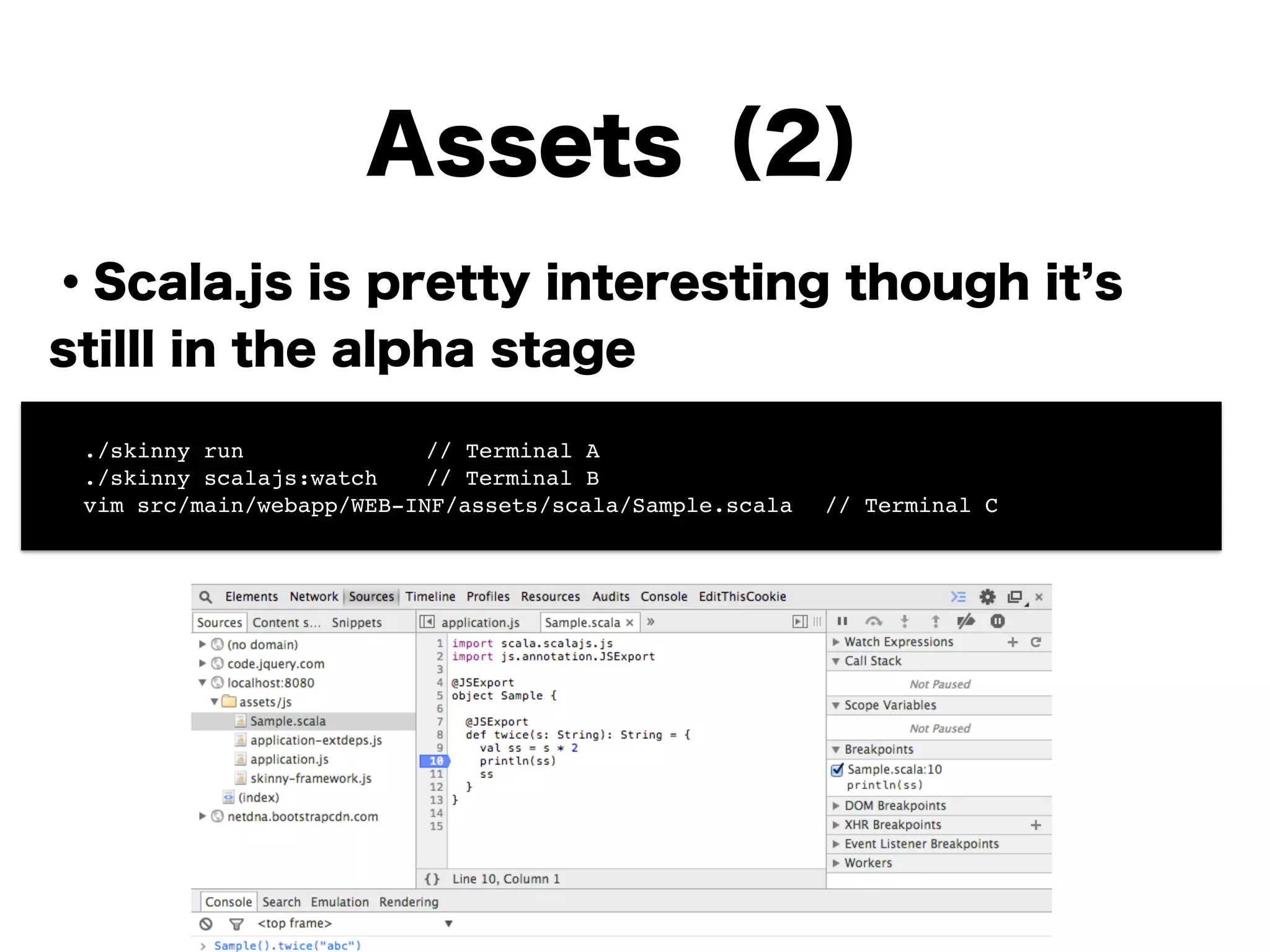 Assets（2）
・Scala.js is pretty interesting though it s
stilll in the alpha stage
!
!
!
!
!
!
!
! ./skinny run!! ! ! // Terminal A!
! ./skinny scalajs:watch! // Terminal B!
! vim src/main/webapp/WEB-INF/assets/scala/Sample.scala! // Terminal C
 