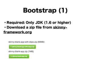 Bootstrap (1)
・Required: Only JDK (1.6 or higher)
・Download a zip ﬁle from skinny-
framework.org
!
!
!
!
!
 