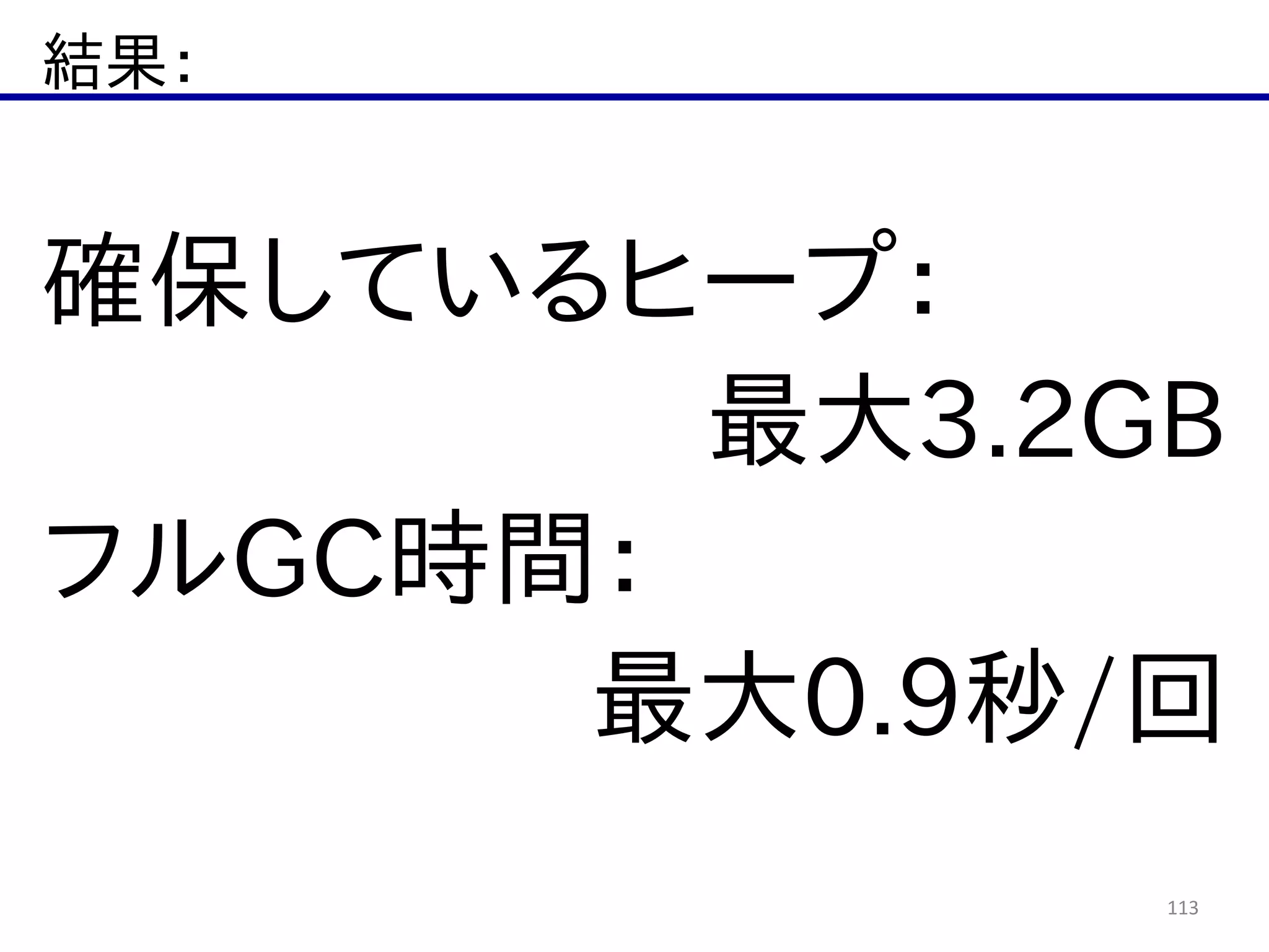結果：
113
確保しているヒープ：  
最大3.2GB  
フルGC時間：  
最大0.9秒/回
 