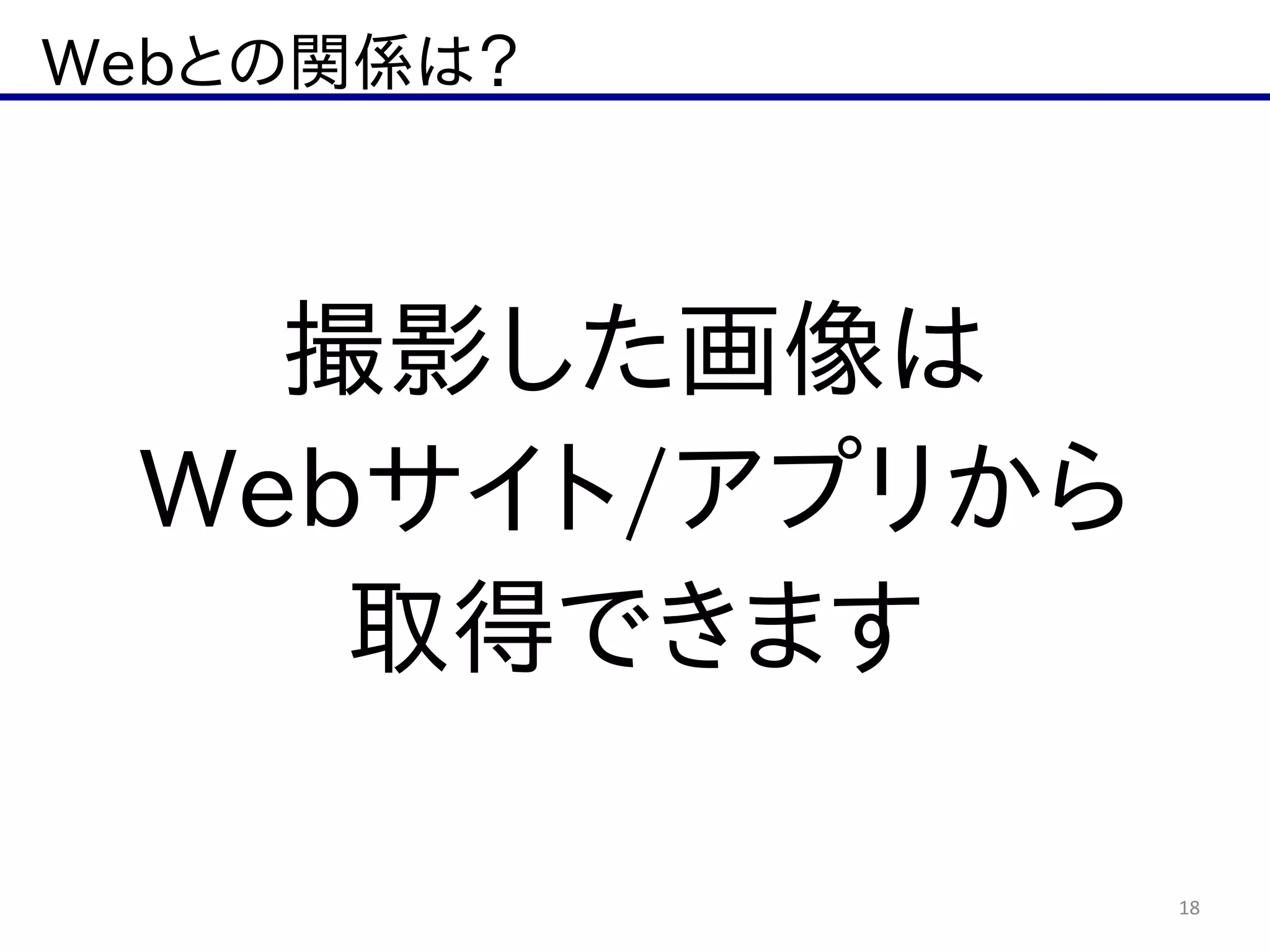 Webとの関係は？
18
撮影した画像は  
Webサイト/アプリから  
取得できます
 