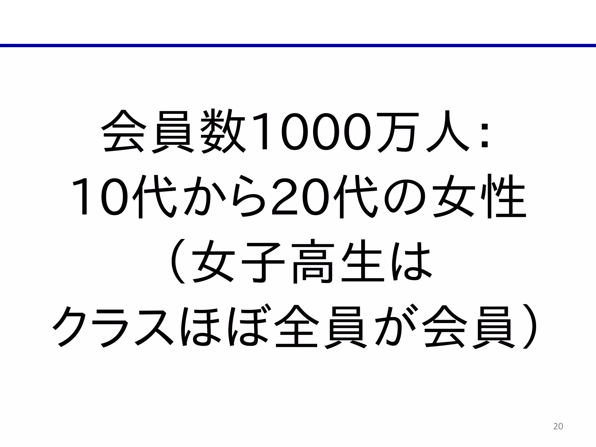 20
会員数1000万人：  
10代から20代の女性  
（女子高生は  
クラスほぼ全員が会員）
 