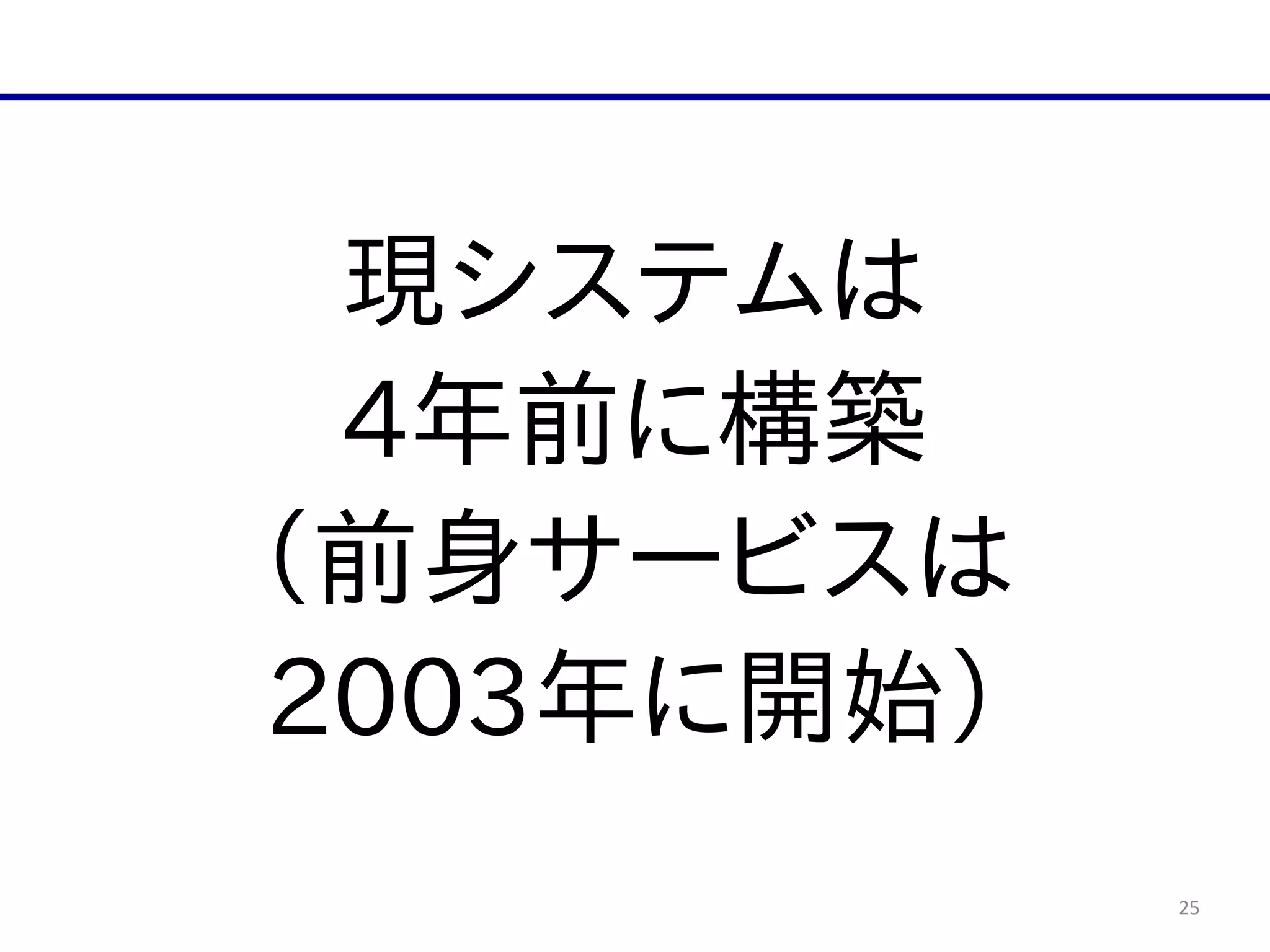25
現システムは  
4年前に構築  
（前身サービスは  
2003年に開始）
 