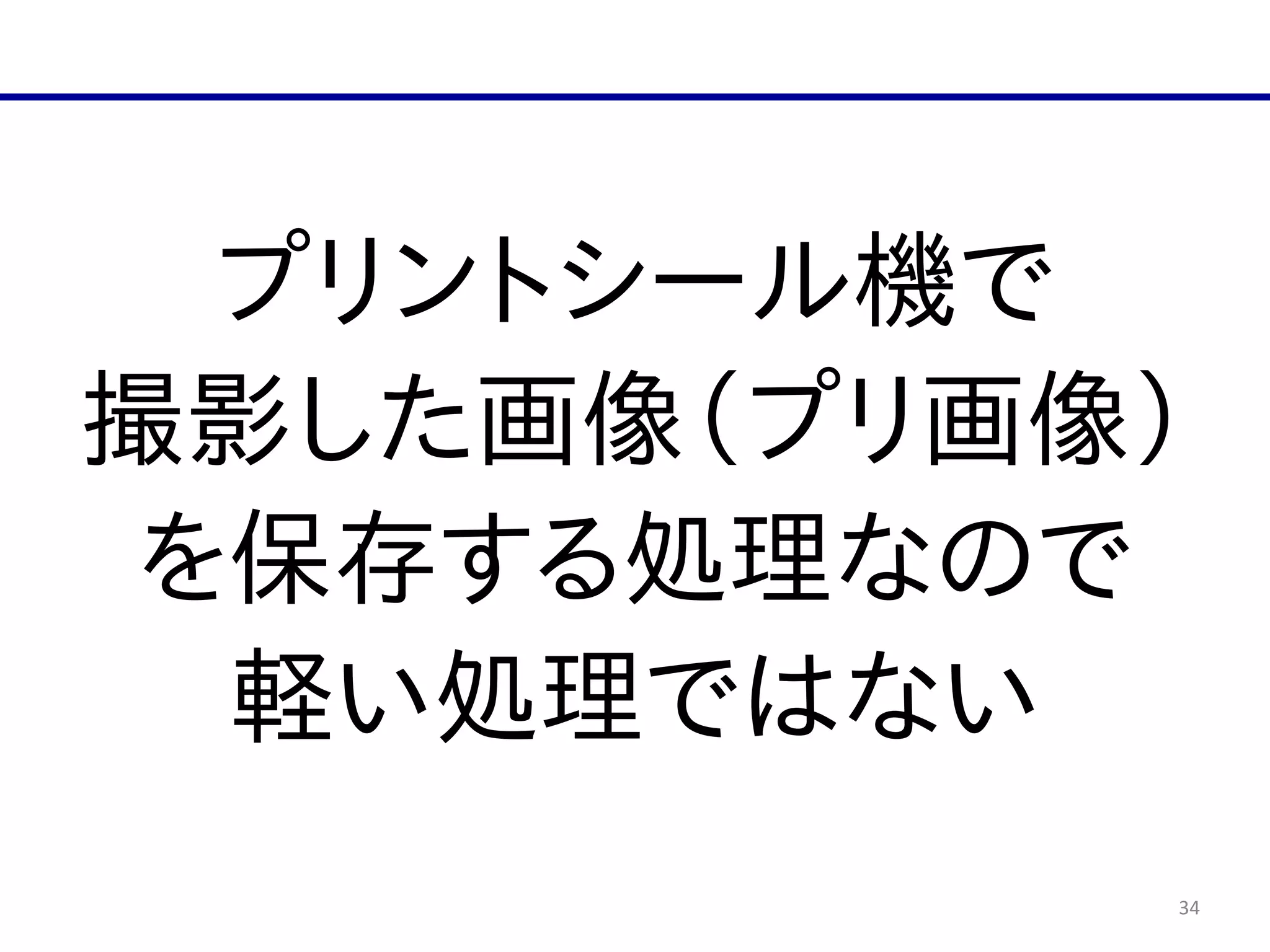 34
プリントシール機で  
撮影した画像（プリ画像）  
を保存する処理なので  
軽い処理ではない
 