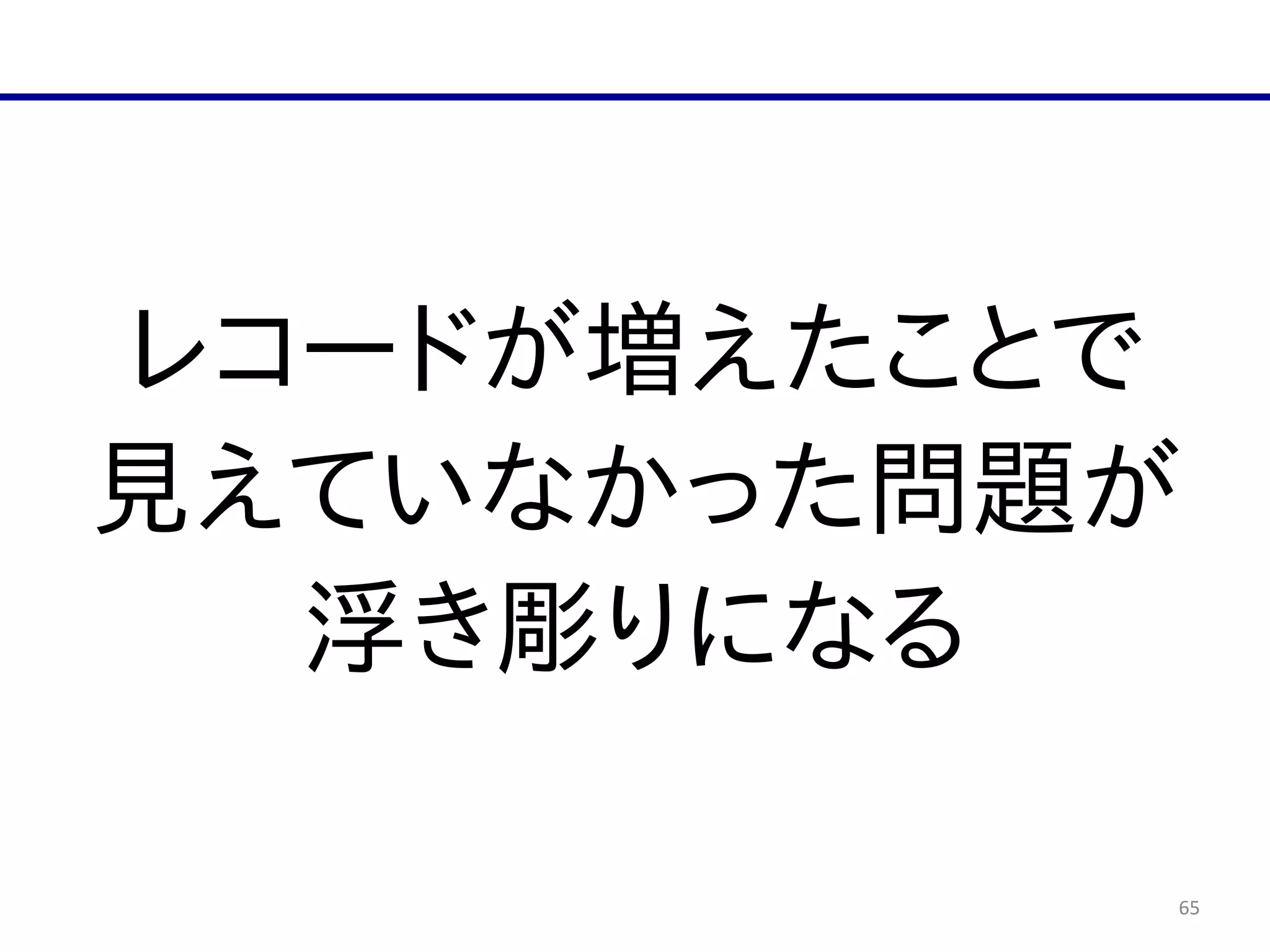 65
レコードが増えたことで  
見えていなかった問題が  
浮き彫りになる
 