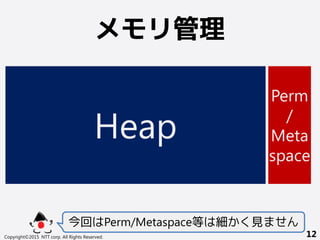 メモリ管理
今回はPerm/Metaspace等は細かく見ません
Copyright©2015 NTT corp. All Rights Reserved. 12
Heap
Perm
/
Meta
space
 