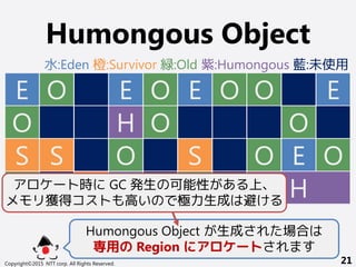 Humongous Object
Copyright©2015 NTT corp. All Rights Reserved. 21
E
O
S
O
O
S
S
E
H
O
E
O
O
E
S
O
O O
O
H
O
E
E
O
Humongous Object が生成された場合は
専用の Region にアロケートされます
アロケート時に GC 発生の可能性がある上、
メモリ獲得コストも高いので極力生成は避ける
水:Eden 橙:Survivor 緑:Old 紫:Humongous 藍:未使用
 