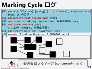 Copyright©2015 NTT corp. All Rights Reserved. 58
Marking Cycle ログ
[GC pause (<GCCause>) (young) (initial-mark), 0.00554820 secs]
：(Young GC のログ)
[GC concurrent-root-region-scan-start]
[GC concurrent-root-region-scan-end, 0.0566056 secs]
[GC concurrent-mark-start]
：(0 以上の Young GC が発生する)
[GC concurrent-mark-end, 1.6776461 secs]
[GC remark [Finalize Marking, 0.0000801 secs]
[GC ref-proc, 0.0000749 secs]
[Unloading, 0.0007663 secs], 0.0010696 secs]
[Times: user=0.00 sys=0.00, real=0.00 secs]
[GC cleanup 16G->14G(32G), 0.0557430 secs]
[Times: user=0.01 sys=0.00, real=0.00 secs]
[GC concurrent-cleanup-start]
[GC concurrent-cleanup-end, 0.0222541 secs]
参照を辿ってマーク (concurrent-mark)
 