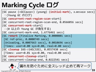Copyright©2015 NTT corp. All Rights Reserved. 59
Marking Cycle ログ
[GC pause (<GCCause>) (young) (initial-mark), 0.00554820 secs]
：(Young GC のログ)
[GC concurrent-root-region-scan-start]
[GC concurrent-root-region-scan-end, 0.0566056 secs]
[GC concurrent-mark-start]
：(0 以上の Young GC が発生する)
[GC concurrent-mark-end, 1.6776461 secs]
[GC remark [Finalize Marking, 0.0000801 secs]
[GC ref-proc, 0.0000749 secs]
[Unloading, 0.0007663 secs], 0.0010696 secs]
[Times: user=0.00 sys=0.00, real=0.00 secs]
[GC cleanup 16G->14G(32G), 0.0557430 secs]
[Times: user=0.01 sys=0.00, real=0.00 secs]
[GC concurrent-cleanup-start]
[GC concurrent-cleanup-end, 0.0222541 secs]
漏れを防ぐために全スレッド止めて再マーク
 