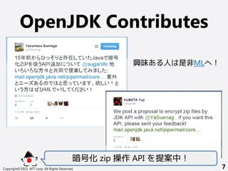 OpenJDK Contributes
Copyright©2015 NTT corp. All Rights Reserved. 7
暗号化 zip 操作 API を提案中！
興味ある人は是非MLへ！
 