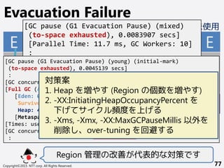 水:Eden 橙:Survivor 緑:Old 紫:Humongous 藍:未使用
Copyright©2015 NTT corp. All Rights Reserved. 77
Evacuation Failure
E
S
E S E
S
E
O
O
S
H
O
[GC pause (G1 Evacuation Pause) (mixed)
(to-space exhausted), 0.0083907 secs]
[Parallel Time: 11.7 ms, GC Workers: 10]
:
[GC pause (G1 Evacuation Pause) (young) (initial-mark)
(to-space exhausted), 0.0045139 secs]
:
[GC concurrent-mark-start]
[Full GC (Allocation Failure) 4429M->113M(4500M), 0.7380897 secs]
[Eden: 0.0B(224.0M)->0.0B(2004.0M)
Survivors: 0.0B->0.0B
Heap: 4429.1M(4500.0M)->113.1M(4500.0M)],
[Metaspace: 12003K->12003K(1060864K)]
[Times: user=0.78 sys=0.00, real=0.73 secs]
[GC concurrent-mark-abort]
:
実 STW 時間
各空間の
GC前後の
使用量(容量)
GC Cause対策案
1. Heap を増やす (Region の個数を増やす)
2. -XX:InitiatingHeapOccupancyPercent を
下げてサイクル頻度を上げる
3. -Xms, -Xmx, -XX:MaxGCPauseMillis 以外を
削除し、over-tuning を回避する
Region 管理の改善が代表的な対策です
 