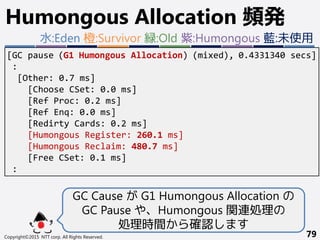 Copyright©2015 NTT corp. All Rights Reserved. 79
Humongous Allocation 頻発
E
S
H
H
E S E
H
S
H
E
O
O
S
H
O
H
[GC pause (G1 Humongous Allocation) (mixed), 0.4331340 secs]
:
[Other: 0.7 ms]
[Choose CSet: 0.0 ms]
[Ref Proc: 0.2 ms]
[Ref Enq: 0.0 ms]
[Redirty Cards: 0.2 ms]
[Humongous Register: 260.1 ms]
[Humongous Reclaim: 480.7 ms]
[Free CSet: 0.1 ms]
:
GC Cause が G1 Humongous Allocation の
GC Pause や、Humongous 関連処理の
処理時間から確認します
水:Eden 橙:Survivor 緑:Old 紫:Humongous 藍:未使用
 