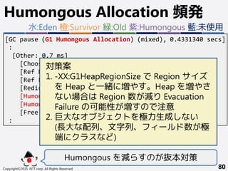 Copyright©2015 NTT corp. All Rights Reserved. 80
Humongous Allocation 頻発
E
S
H
H
E S E
H
S
H
E
O
O
S
H
O
H
[GC pause (G1 Humongous Allocation) (mixed), 0.4331340 secs]
:
[Other: 0.7 ms]
[Choose CSet: 0.0 ms]
[Ref Proc: 0.2 ms]
[Ref Enq: 0.0 ms]
[Redirty Cards: 0.2 ms]
[Humongous Register: 260.1 ms]
[Humongous Reclaim: 480.7 ms]
[Free CSet: 0.1 ms]
:
対策案
1. -XX:G1HeapRegionSize で Region サイズ
を Heap と一緒に増やす。Heap を増やさ
ない場合は Region 数が減り Evacuation
Failure の可能性が増すので注意
2. 巨大なオブジェクトを極力生成しない
(長大な配列、文字列、フィールド数が極
端にクラスなど)
Humongous を減らすのが抜本対策
水:Eden 橙:Survivor 緑:Old 紫:Humongous 藍:未使用
 