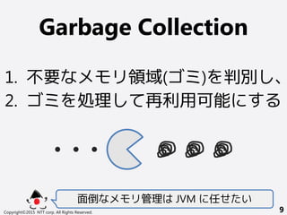 Garbage Collection
1. 不要なメモリ領域(ゴミ)を判別し、
2. ゴミを処理して再利用可能にする
面倒なメモリ管理は JVM に任せたい
Copyright©2015 NTT corp. All Rights Reserved. 9
 