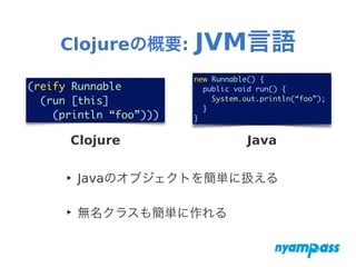 Clojureの概要: JVM言語
‣ Javaのオブジェクトを簡単に扱える
‣ 無名クラスも簡単に作れる
(reify Runnable	
(run [this]	
(println “foo”)))
new Runnable() {	
public void run() {	
System.out.println(“foo”);	
}	
}
Clojure Java
 