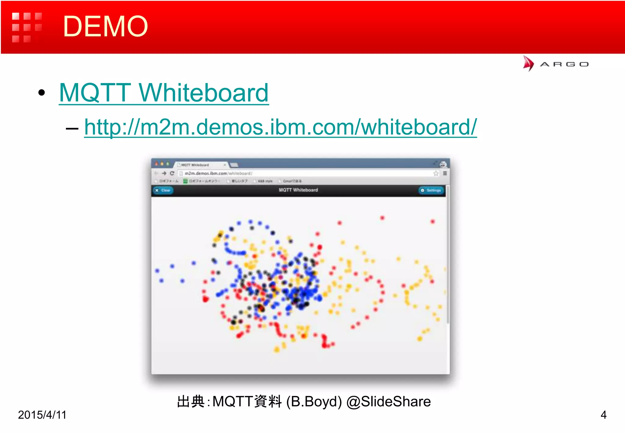 DEMO
• MQTT Whiteboard
– http://m2m.demos.ibm.com/whiteboard/
2015/4/11 4
出典：MQTT資料 (B.Boyd) @SlideShare
 