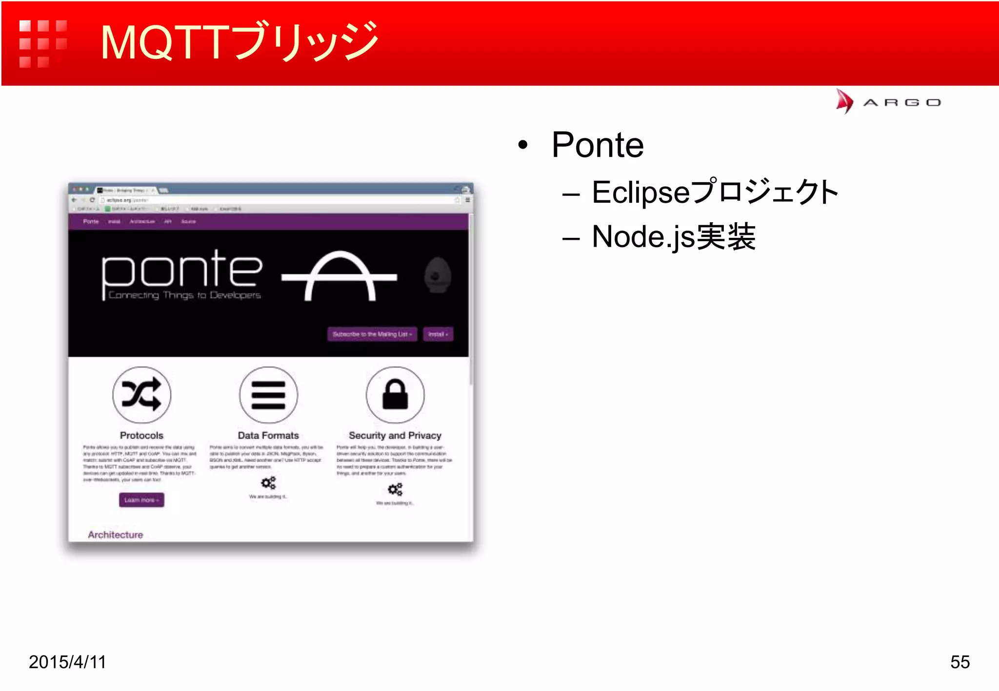 MQTTブリッジ
2015/4/11 55
• Ponte
– Eclipseプロジェクト
– Node.js実装
 