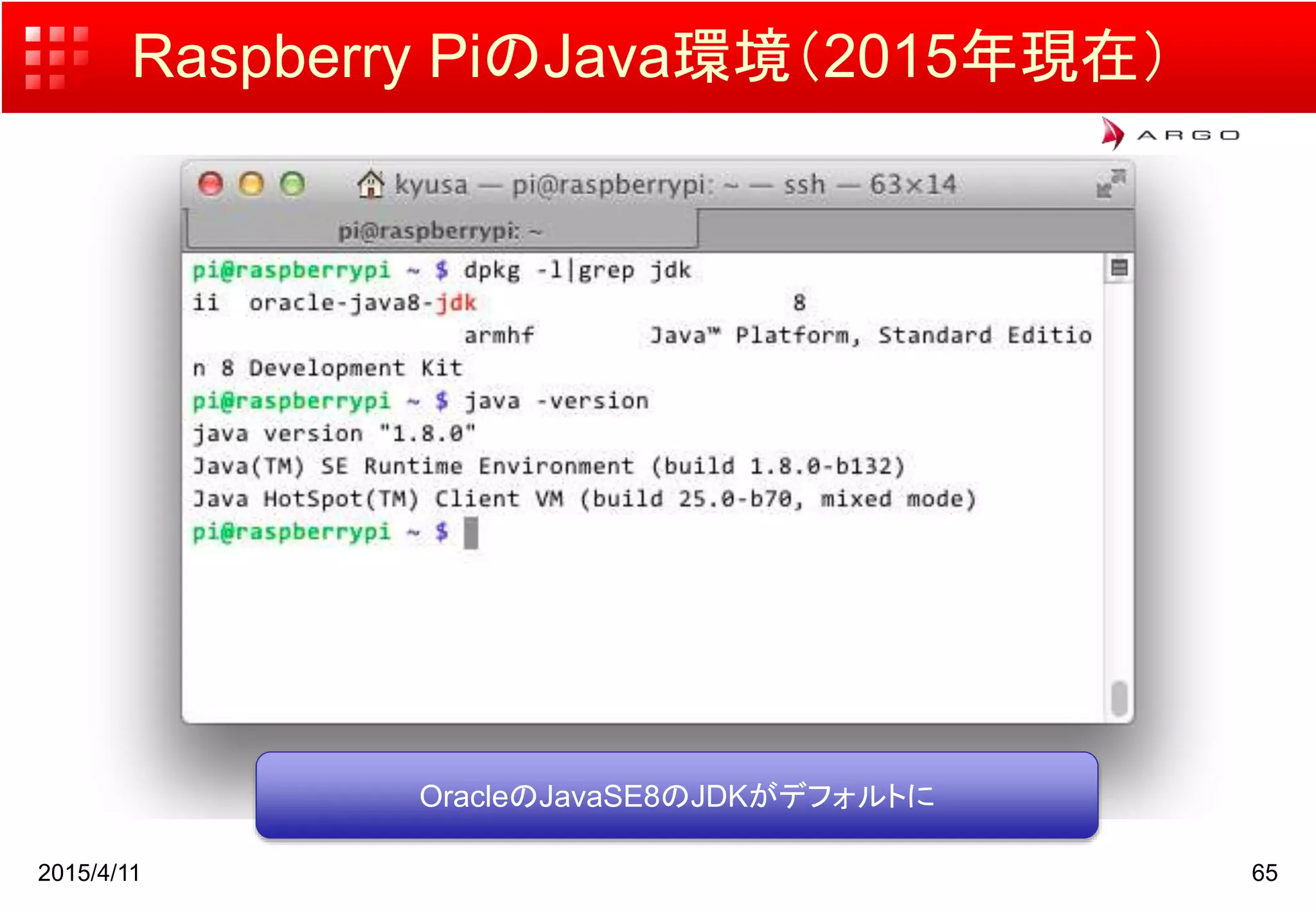 Raspberry PiのJava環境（2015年現在）
2015/4/11 65
OracleのJavaSE8のJDKがデフォルトに
 