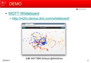 DEMO
• MQTT Whiteboard
– http://m2m.demos.ibm.com/whiteboard/
2015/4/11 4
出典：MQTT資料 (B.Boyd) @SlideShare
 