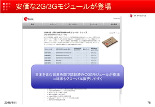 安価な2G/3Gモジュールが登場
2015/4/11 76
日本を含む世界各国で認証済みの3Gモジュールが登場
⇒端末もグローバル販売しやすく
 