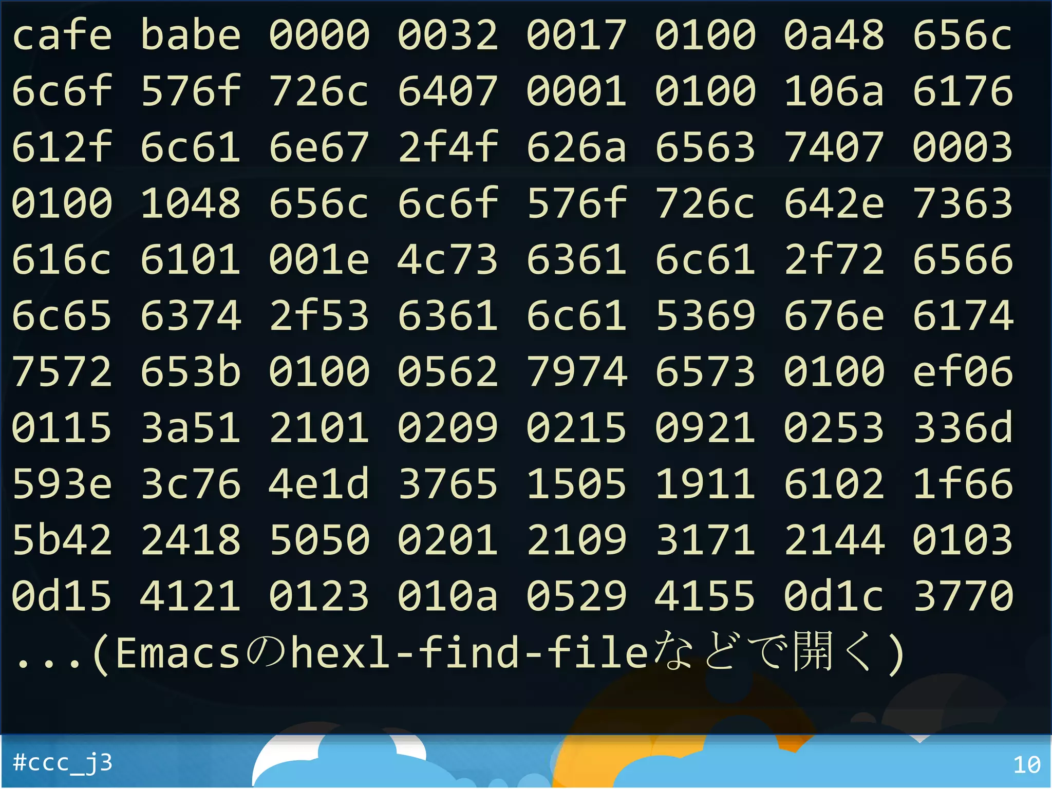 #ccc_j3 10
cafe babe 0000 0032 0017 0100 0a48 656c
6c6f 576f 726c 6407 0001 0100 106a 6176
612f 6c61 6e67 2f4f 626a 6563 7407 0003
0100 1048 656c 6c6f 576f 726c 642e 7363
616c 6101 001e 4c73 6361 6c61 2f72 6566
6c65 6374 2f53 6361 6c61 5369 676e 6174
7572 653b 0100 0562 7974 6573 0100 ef06
0115 3a51 2101 0209 0215 0921 0253 336d
593e 3c76 4e1d 3765 1505 1911 6102 1f66
5b42 2418 5050 0201 2109 3171 2144 0103
0d15 4121 0123 010a 0529 4155 0d1c 3770
...(Emacsのhexl-find-fileなどで開く)
 