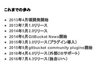 これまでの歩み
● 2013年4月頃開発開始
● 2013年7月1.0リリース
● 2014年5月2.0リリース
● 2014年6月GitBucket News開始
● 2015年3月3.0リリース（プラグイン導入）
● 2015年9月gitb...