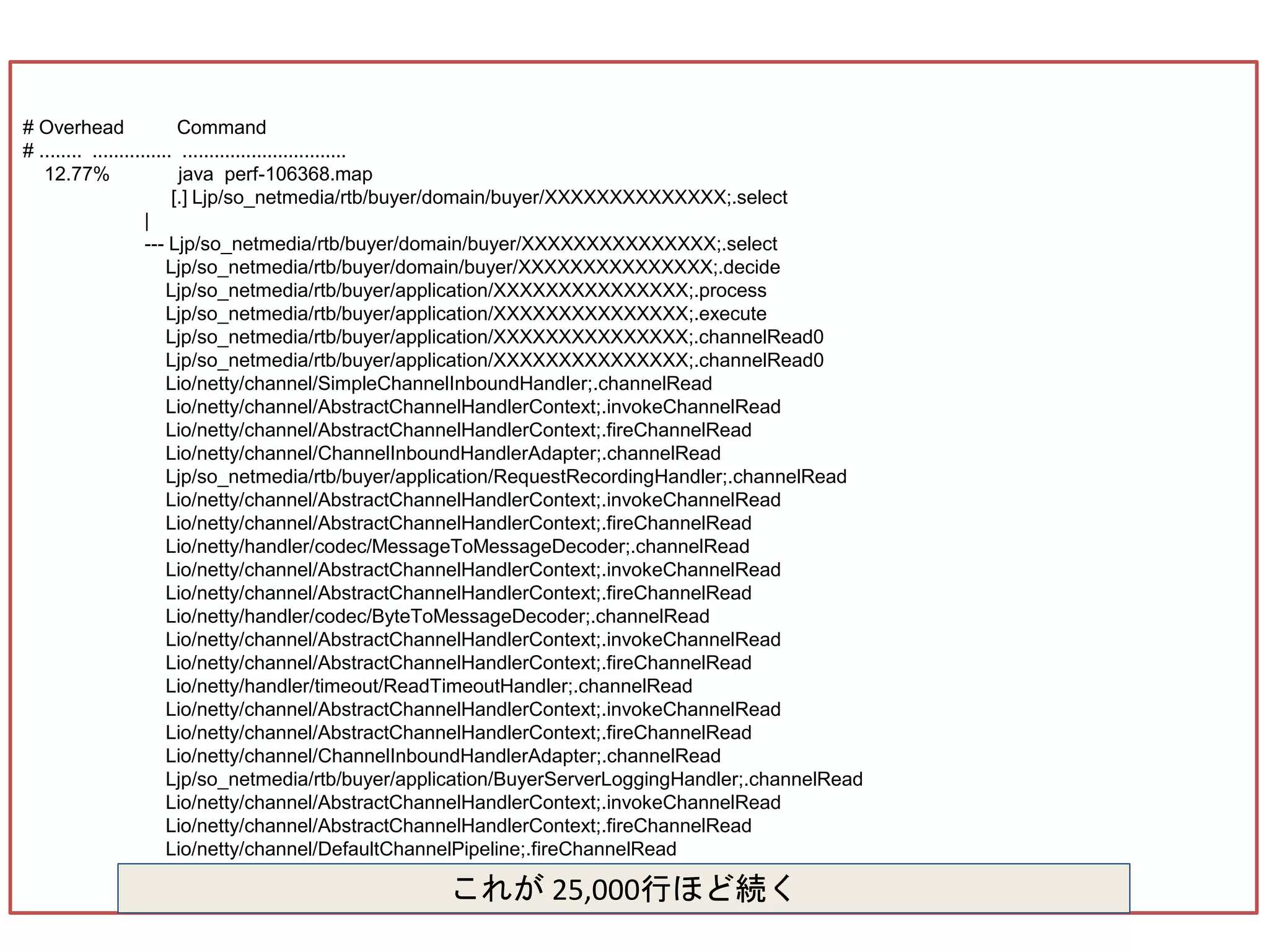 # Overhead Command
# ........ ............... ...............................
12.77% java perf-106368.map
[.] Ljp/so_netmedia/rtb/buyer/domain/buyer/XXXXXXXXXXXXXX;.select
|
--- Ljp/so_netmedia/rtb/buyer/domain/buyer/XXXXXXXXXXXXXXX;.select
Ljp/so_netmedia/rtb/buyer/domain/buyer/XXXXXXXXXXXXXXX;.decide
Ljp/so_netmedia/rtb/buyer/application/XXXXXXXXXXXXXXX;.process
Ljp/so_netmedia/rtb/buyer/application/XXXXXXXXXXXXXXX;.execute
Ljp/so_netmedia/rtb/buyer/application/XXXXXXXXXXXXXXX;.channelRead0
Ljp/so_netmedia/rtb/buyer/application/XXXXXXXXXXXXXXX;.channelRead0
Lio/netty/channel/SimpleChannelInboundHandler;.channelRead
Lio/netty/channel/AbstractChannelHandlerContext;.invokeChannelRead
Lio/netty/channel/AbstractChannelHandlerContext;.fireChannelRead
Lio/netty/channel/ChannelInboundHandlerAdapter;.channelRead
Ljp/so_netmedia/rtb/buyer/application/RequestRecordingHandler;.channelRead
Lio/netty/channel/AbstractChannelHandlerContext;.invokeChannelRead
Lio/netty/channel/AbstractChannelHandlerContext;.fireChannelRead
Lio/netty/handler/codec/MessageToMessageDecoder;.channelRead
Lio/netty/channel/AbstractChannelHandlerContext;.invokeChannelRead
Lio/netty/channel/AbstractChannelHandlerContext;.fireChannelRead
Lio/netty/handler/codec/ByteToMessageDecoder;.channelRead
Lio/netty/channel/AbstractChannelHandlerContext;.invokeChannelRead
Lio/netty/channel/AbstractChannelHandlerContext;.fireChannelRead
Lio/netty/handler/timeout/ReadTimeoutHandler;.channelRead
Lio/netty/channel/AbstractChannelHandlerContext;.invokeChannelRead
Lio/netty/channel/AbstractChannelHandlerContext;.fireChannelRead
Lio/netty/channel/ChannelInboundHandlerAdapter;.channelRead
Ljp/so_netmedia/rtb/buyer/application/BuyerServerLoggingHandler;.channelRead
Lio/netty/channel/AbstractChannelHandlerContext;.invokeChannelRead
Lio/netty/channel/AbstractChannelHandlerContext;.fireChannelRead
Lio/netty/channel/DefaultChannelPipeline;.fireChannelRead
これが 25,000行ほど続く
 