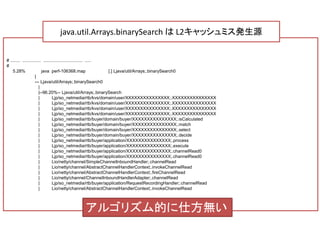 # ........ ............... ................................ .....
#
5.28% java perf-106368.map [.] Ljava/util/Arrays;.binarySearch0
|
--- Ljava/util/Arrays;.binarySearch0
|
|--96.20%-- Ljava/util/Arrays;.binarySearch
| Ljp/so_netmedia/rtb/kvs/domain/user/XXXXXXXXXXXXXXX;.XXXXXXXXXXXXXXX
| Ljp/so_netmedia/rtb/kvs/domain/user/XXXXXXXXXXXXXXX;.XXXXXXXXXXXXXXX
| Ljp/so_netmedia/rtb/kvs/domain/user/XXXXXXXXXXXXXXX;.XXXXXXXXXXXXXXX
| Ljp/so_netmedia/rtb/kvs/domain/user/XXXXXXXXXXXXXXX;.XXXXXXXXXXXXXXX
| Ljp/so_netmedia/rtb/buyer/domain/buyer/XXXXXXXXXXXXXXX;.isCalculated
| Ljp/so_netmedia/rtb/buyer/domain/buyer/XXXXXXXXXXXXXXX;.match
| Ljp/so_netmedia/rtb/buyer/domain/buyer/XXXXXXXXXXXXXXX;.select
| Ljp/so_netmedia/rtb/buyer/domain/buyer/XXXXXXXXXXXXXXX;.decide
| Ljp/so_netmedia/rtb/buyer/application/XXXXXXXXXXXXXXX;.process
| Ljp/so_netmedia/rtb/buyer/application/XXXXXXXXXXXXXXX;.execute
| Ljp/so_netmedia/rtb/buyer/application/XXXXXXXXXXXXXXX;.channelRead0
| Ljp/so_netmedia/rtb/buyer/application/XXXXXXXXXXXXXXX;.channelRead0
| Lio/netty/channel/SimpleChannelInboundHandler;.channelRead
| Lio/netty/channel/AbstractChannelHandlerContext;.invokeChannelRead
| Lio/netty/channel/AbstractChannelHandlerContext;.fireChannelRead
| Lio/netty/channel/ChannelInboundHandlerAdapter;.channelRead
| Ljp/so_netmedia/rtb/buyer/application/RequestRecordingHandler;.channelRead
| Lio/netty/channel/AbstractChannelHandlerContext;.invokeChannelRead
java.util.Arrays.binarySearch は L2キャッシュミス発生源
アルゴリズム的に仕方無い
 