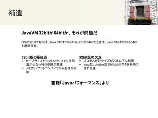 
JavaVM 32bit64bit줬}
32bit΃λ
? ҩ`ץСȤʹ
٤ʤդ
? JIT饤ȥѥΤߤʹÿ

32bitǷ
? ץӋ2GB¤
? long͡doubleͤ64bit쥸ä

Javaѥե`ޥ󥹡
OS32bitǤСJava VM32bitΤߡOS64bitΤȤϡJava VM32bit64bit
xkܡ
 