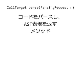 CallTarget parse(ParsingRequest r)
コードをパースし、
AST表現を返す
メソッド
 