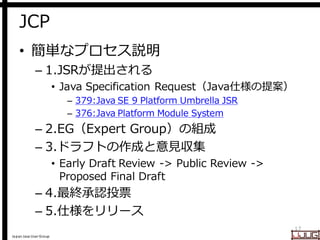 Japan Java User Group
JCP
• 簡単なプロセス説明
– 1.JSRが提出される
• Java Specification Request（Java仕様の提案）
– 379:Java SE 9 Platform Umbrella JSR
– 376:Java Platform Module System
– 2.EG（Expert Group）の組成
– 3.ドラフトの作成と意見収集
• Early Draft Review -> Public Review ->
Proposed Final Draft
– 4.最終承認投票
– 5.仕様をリリース
17
 