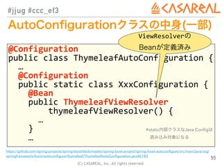 (C) CASAREAL, Inc. All rights reserved.
#jjug #ccc_ef3
55
@Configuration	
public	class	ThymeleafAutoConfiguration	{	
		…	
...