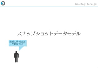 9
スナップショットデータモデル
hashtag: #ccc_g3
最新の情報さえ
分かれば良い
 