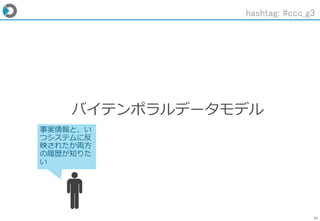 37
バイテンポラルデータモデル
hashtag: #ccc_g3
事実情報と、い
つシステムに反
映されたか両方
の履歴が知りた
い
 