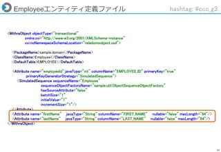 48
Employeeエンティティ定義ファイル hashtag: #ccc_g3
<MithraObject objectType="transactional"
xmlns:xsi="http://www.w3.org/2001/XMLSchema-instance"
xsi:noNamespaceSchemaLocation="reladomoobject.xsd">
<PackageName>sample.domain</PackageName>
<ClassName>Employee</ClassName>
<DefaultTable>EMPLOYEE</DefaultTable>
<Attribute name="employeeId" javaType="int" columnName="EMPLOYEE_ID" primaryKey="true"
primaryKeyGeneratorStrategy="SimulatedSequence">
<SimulatedSequence sequenceName="Employee"
sequenceObjectFactoryName="sample.util.ObjectSequenceObjectFactory"
hasSourceAttribute="false"
batchSize="1"
initialValue="1"
incrementSize="1"/>
</Attribute>
<Attribute name="firstName" javaType="String" columnName="FIRST_NAME" nullable="false" maxLength="64"/>
<Attribute name="lastName" javaType="String" columnName="LAST_NAME" nullable="false" maxLength="64"/>
</MithraObject>
 