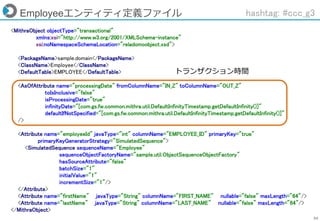 54
Employeeエンティティ定義ファイル hashtag: #ccc_g3
<MithraObject objectType="transactional"
xmlns:xsi="http://www.w3.org/2001/XMLSchema-instance"
xsi:noNamespaceSchemaLocation="reladomoobject.xsd">
<PackageName>sample.domain</PackageName>
<ClassName>Employee</ClassName>
<DefaultTable>EMPLOYEE</DefaultTable>
<AsOfAttribute name="processingDate" fromColumnName="IN_Z" toColumnName="OUT_Z"
toIsInclusive="false"
isProcessingDate="true"
infinityDate="[com.gs.fw.common.mithra.util.DefaultInfinityTimestamp.getDefaultInfinity()]"
defaultIfNotSpecified="[com.gs.fw.common.mithra.util.DefaultInfinityTimestamp.getDefaultInfinity()]"
/>
<Attribute name="employeeId" javaType="int" columnName="EMPLOYEE_ID" primaryKey="true"
primaryKeyGeneratorStrategy="SimulatedSequence">
<SimulatedSequence sequenceName="Employee"
sequenceObjectFactoryName="sample.util.ObjectSequenceObjectFactory"
hasSourceAttribute="false"
batchSize="1"
initialValue="1"
incrementSize="1"/>
</Attribute>
<Attribute name="firstName" javaType="String" columnName="FIRST_NAME" nullable="false" maxLength="64"/>
<Attribute name="lastName" javaType="String" columnName="LAST_NAME" nullable="false" maxLength="64"/>
</MithraObject>
トランザクション時間
 
