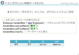 55
トランザクション時間データモデル
姓 名 IN OUT
鈴木 花子 2017/3/1 9999/12/1
hashtag: #ccc_g3
//3月1日にこのコードが実行される
Employee hanakoNew = new Employee(); //メモリ上にオブジェクト作成
hanakoNew.setLastName("鈴木");
hanakoNew.setFirstName("花子");
hanakoNew.insert(); // データベースに挿入
 4月1日に「鈴木花子」さん入社。3月1日にシステムに登録
 