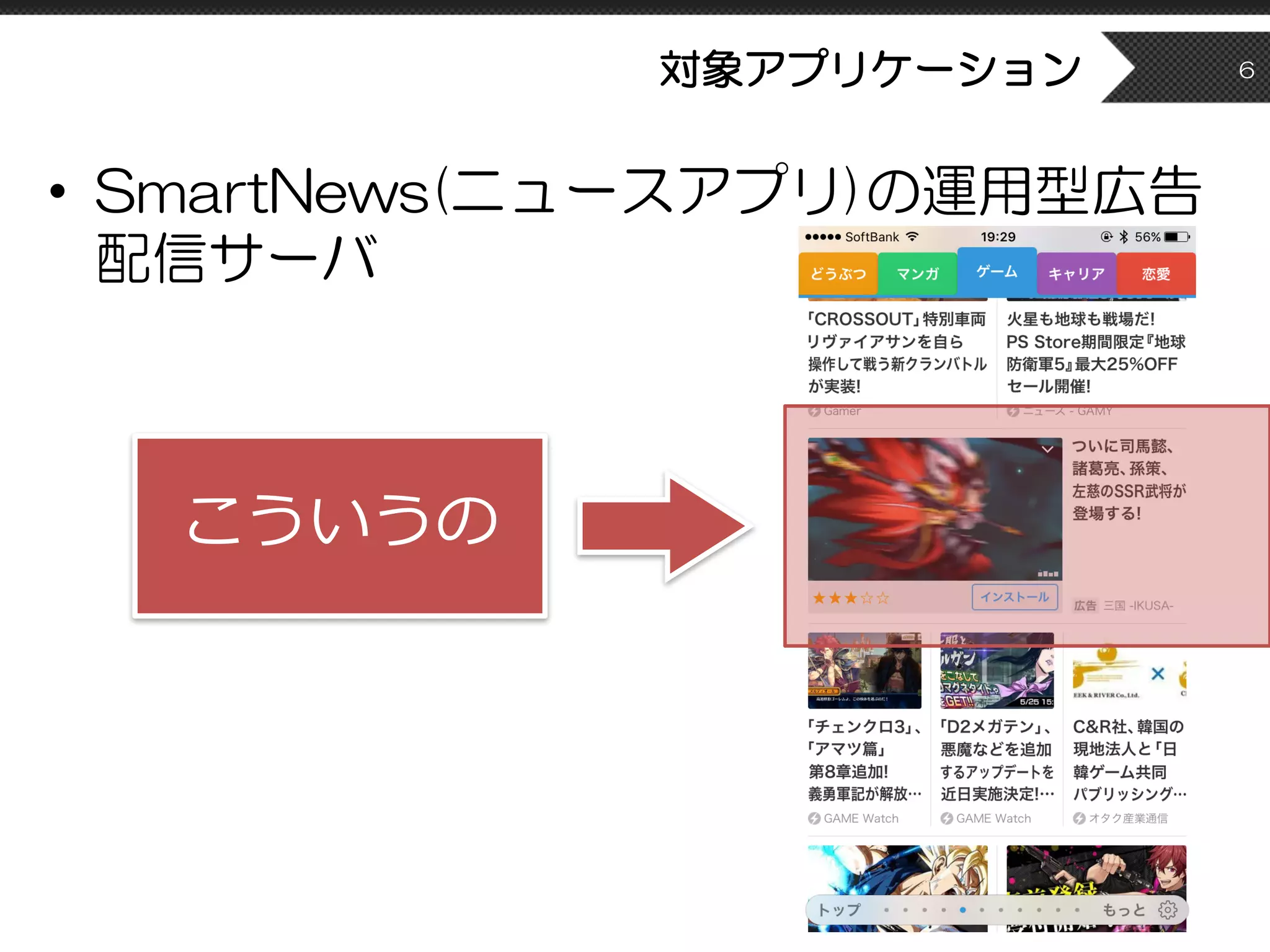 対象アプリケーション
• SmartNews(ニュースアプリ)の運用型広告
配信サーバ
6
こういうの
 