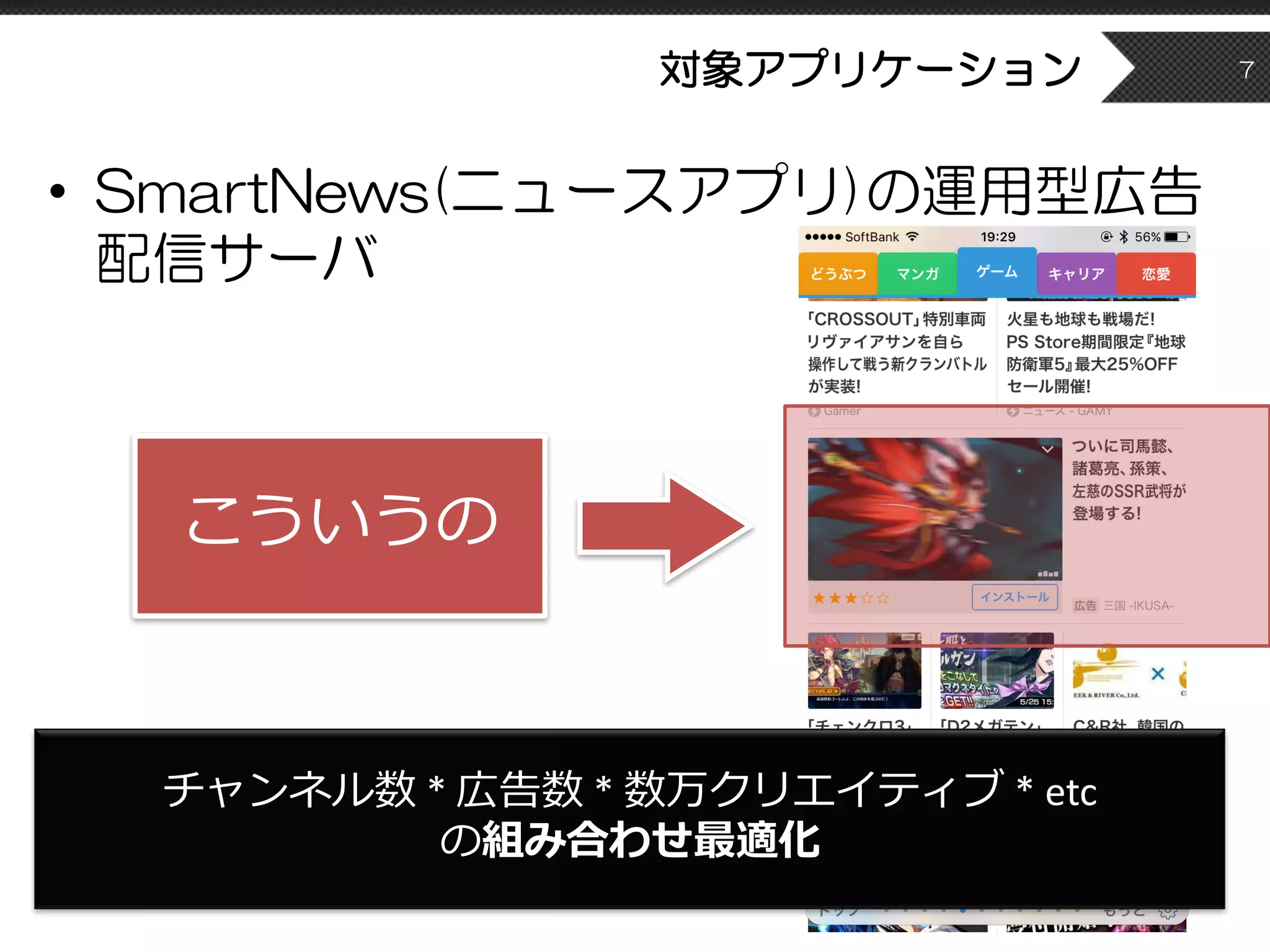 対象アプリケーション
• SmartNews(ニュースアプリ)の運用型広告
配信サーバ
7
こういうの
チャンネル数 *	広告数 *	数万クリエイティブ *	etc
の組み合わせ最適化
 